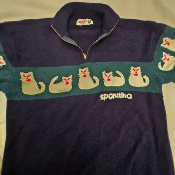 sportina 고양이 자수 하프 지퍼 스웨터