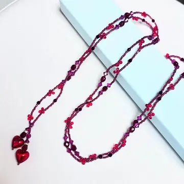 빨간색 비즈 하트 목걸이 롱 레드