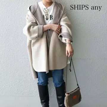 인기 SHIPS any 리버 후데트 미디 코트 베이지