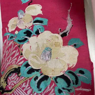 앤티크 기모노 핑크 나고야 오비 화이트 동백 가로 명주