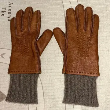브라운 가죽 울 니트 장갑