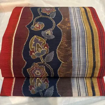 후쿠로 오비 빨간색 네이비 금실 꽃무늬 스트라이프