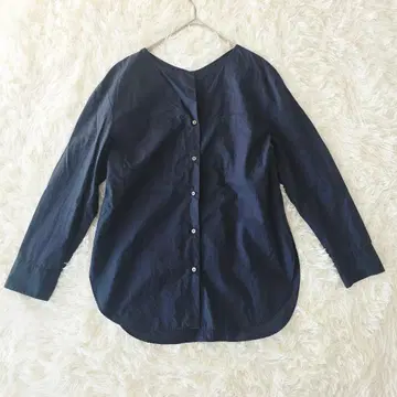 자유구 코튼 블라우스 네이비 V넥 긴팔 38 M 캐주얼 출퇴근