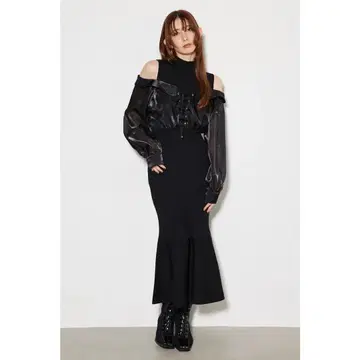 rienda 레이스업 도킹 머메이드 니트 원피스 BLK