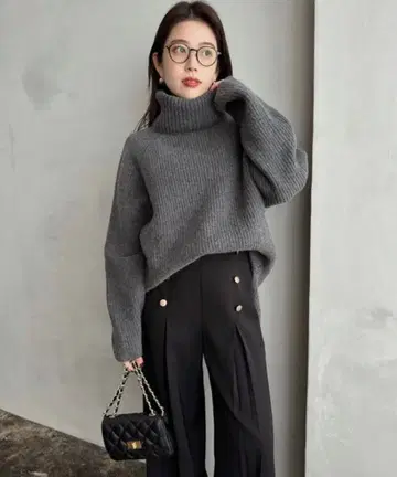 anuans 울 캐시미어 래글런 터틀 니트 풀오버 차콜 그레이