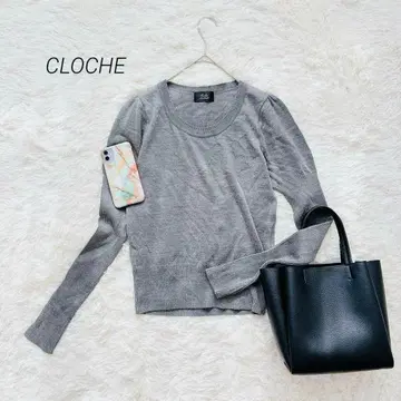 크로셰 니트 긴팔 리브 소매 김 크루넥 울 혼방 일본제 그레이 M