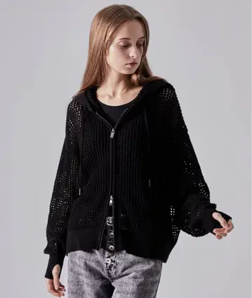 [ CLEL ] 시스루 메쉬 지퍼 후드티 남성용 블랙 S 사이즈