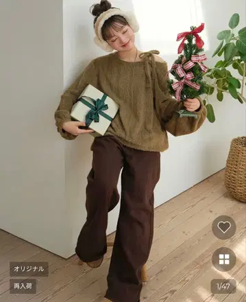 헤어리 보트넥 리본 니트 nugu Ptiee 카키