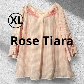 로즈 티아라 자수 핑크 깅엄 체크 7부 소매 튜닉 블라우스 42