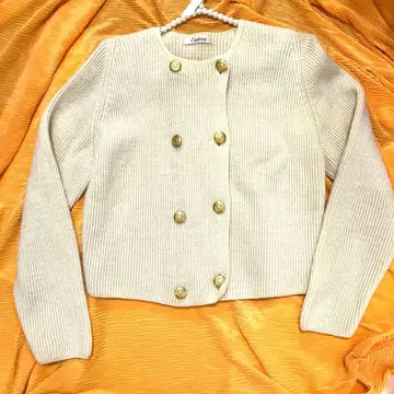 울 100% 리브 크롭 가디건 골드 버튼 아이보리 M