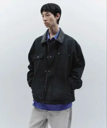 INSILENCE 오버 사이즈 빈티지 워크 자켓 옷깃 가죽