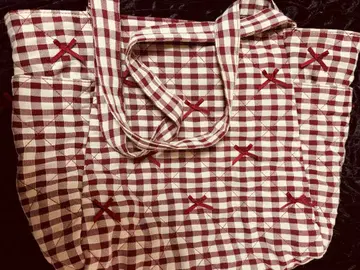 시마미사 퀼팅 토트백 빨간색 깅엄 체크