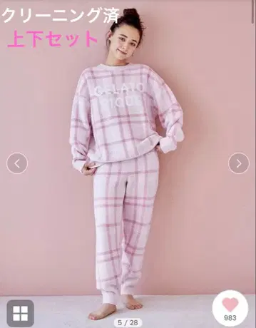 [클리닝 완료] 체크 무늬 풀오버 & 롱 팬츠 세트 [핑크]