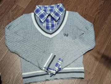 GORGE 그레이 케이블 니트 스웨터 체크 옷깃 레이어드