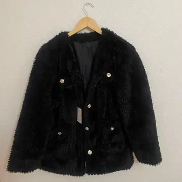 블랙 퍼 더블 버튼 자켓 그레일 택 포함