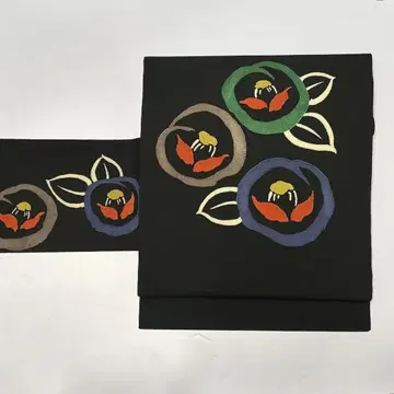 나고야 오비 순수 실크 크레이프 원단 블랙 동백 캐주얼 so195