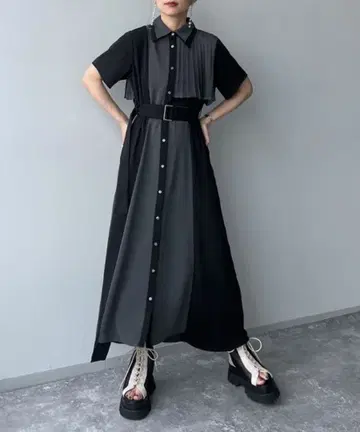 HARE 플리츠 절개 원피스 블랙 x 그레이 바이컬러 하레