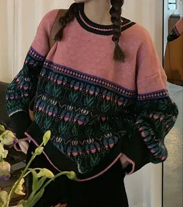 페어아일 패턴 니트 긴팔 멀티 컬러