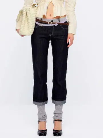 다크 데님 스키니 팬츠 리브 밑단 스플라이스 개성 로우라이즈