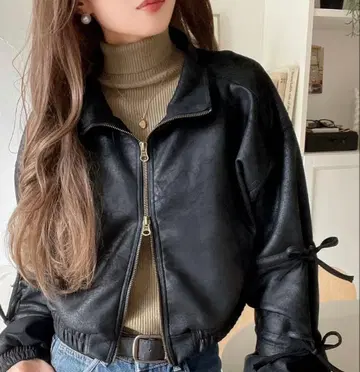 스웨이드 라이크 소재 리본 디자인 더블 지퍼 블루종 자켓