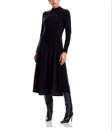 캐시미어 100% 하이넥 A라인 원피스 드레스 블랙