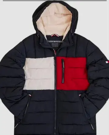 새상품급 타미힐피거 후드 퀼팅 퍼퍼 자켓 XL 네이비 컬러/화이트/빨간색