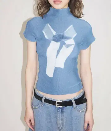 플리츠 프린트 탑스 리본