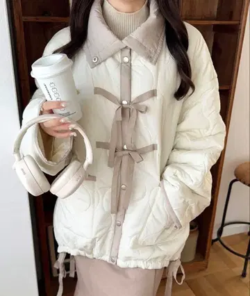 [ mily bilet ] 리본 사용 파이핑 배색 퀼팅 몬스터 코트