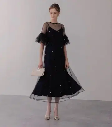 LEJA 티어드 프릴 슬리브 레이어드 펄 원피스 드레스