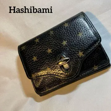 HASHIBAMI 컴팩트 3단 폴더형 지갑 블랙 별 패턴 골드 금장 장식