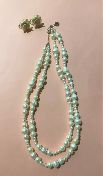 진주 2단 목걸이와 장미 귀찌(덤) 세트