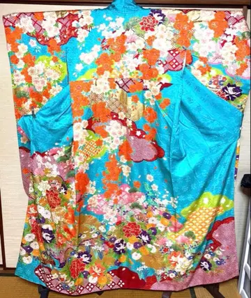 에메랄드 블루 길상 꽃 패턴 후리소데 기장 160