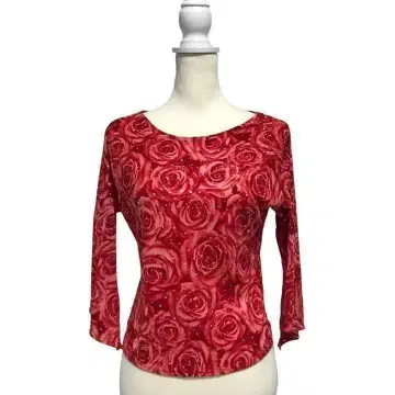 꽃무늬 슬림 티셔츠 긴팔 티셔츠 장미 스팽글 발레 댄스 스타일리시