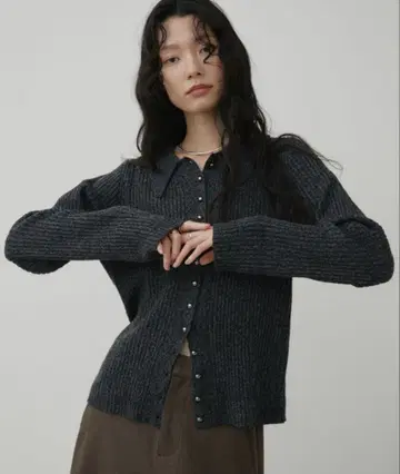 Aunt Marie's 메탈 버튼 믹스 리브 폴로 니트