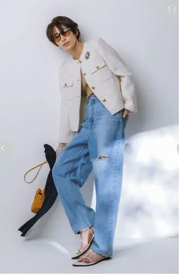 와이드 테이퍼드 컷 아웃 데님 팬츠