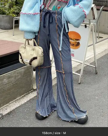 HELLO.SANFRANCISCO 체크 메로우 절개 플레어 팬츠