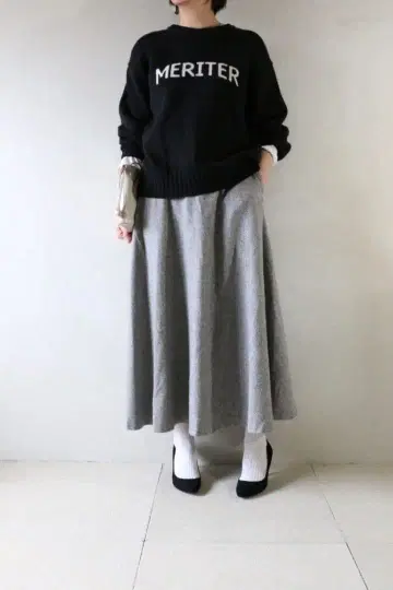 C6819 로고 니트 x 트위드 롱 스커트 코디