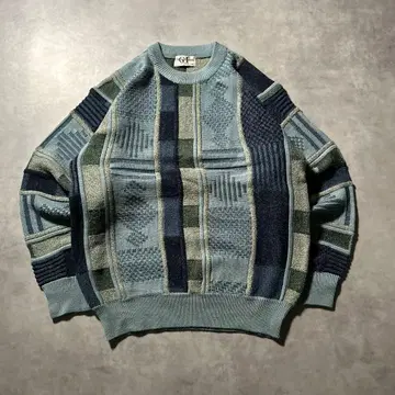 빈티지 블루 절개 기하학 아트 패턴 니트 스웨터