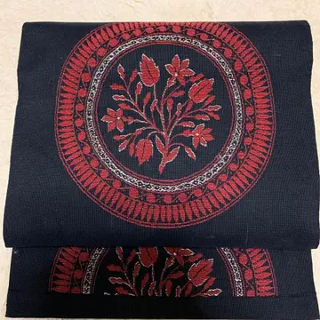 순수 실크 나고야 오비 블랙 베이스 빨간색 꽃무늬 쇼와 레트로