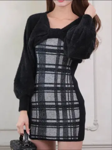 립 서비스 리본 페더 앙상블 니트 원피스