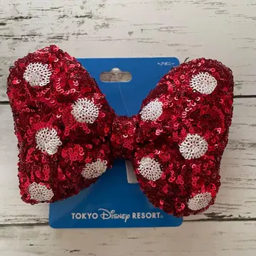 디즈니 미니 리본 머리끈 도트 무늬 리본 반짝반짝 빨간색