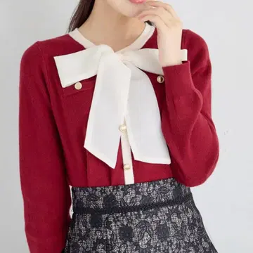 시어 보타이 리본 포함 가디건풍 바이컬러 니트 풀오버
