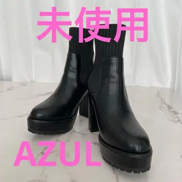 미사용 AZUL 블랙 가죽 앵클부츠 하이힐 니트 S