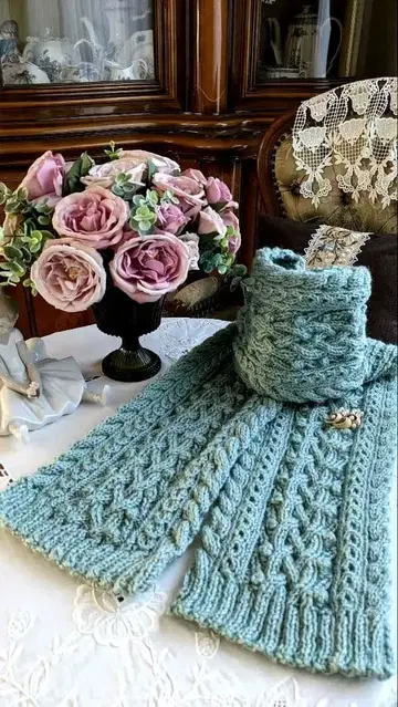 아란 무늬 머플러 핸드메이드 손뜨개질 민트 그린