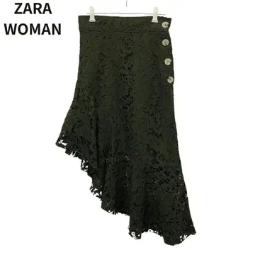 자라 우먼 다크 그린 레이스 플레어 롱 스커트 비대칭