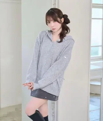 로제 뮤즈 Mohair knit hoodie 모헤어 니트 후드티 그레이