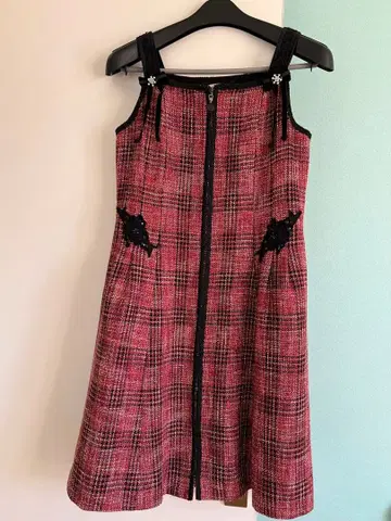 슈퍼 뷰티 빨간색 트위드 포켓 체크 오버롤 스커트 L