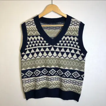 기하학 패턴 니트 V넥 베스트 레트로