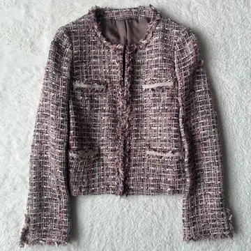 아나이 믹스 트위드 노카라 자켓 멀티 컬러 프린지 38