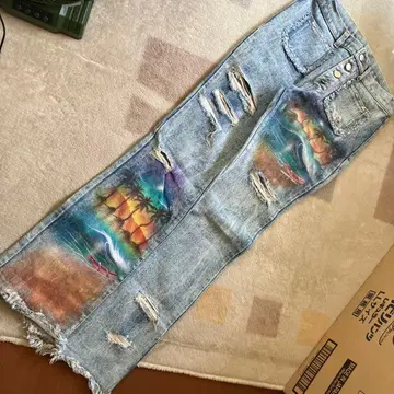 컬러풀 비치 프린트 데미지 데님 팬츠 S